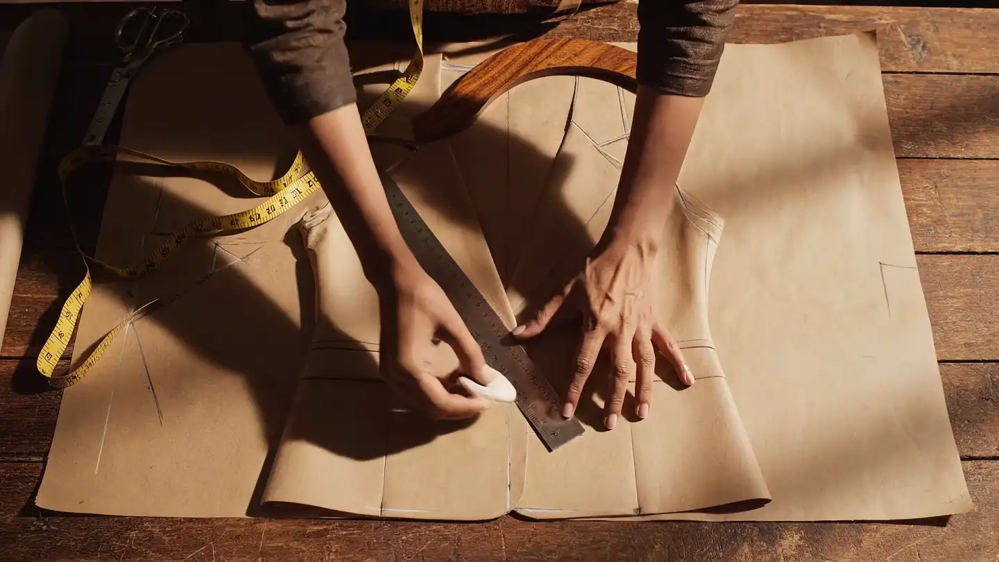 Brown pattern paper, a ruler and a wooden French curve on the cutting table at our Indore unit