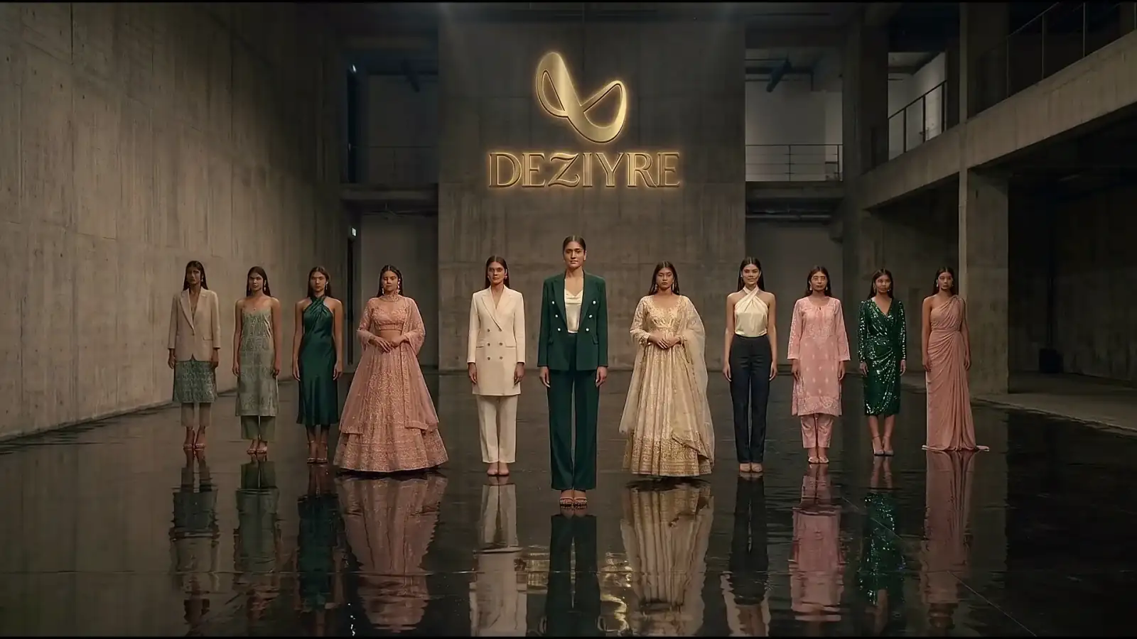 Eleven Deziyre models in a concrete hall beneath the gold Deziyre sign