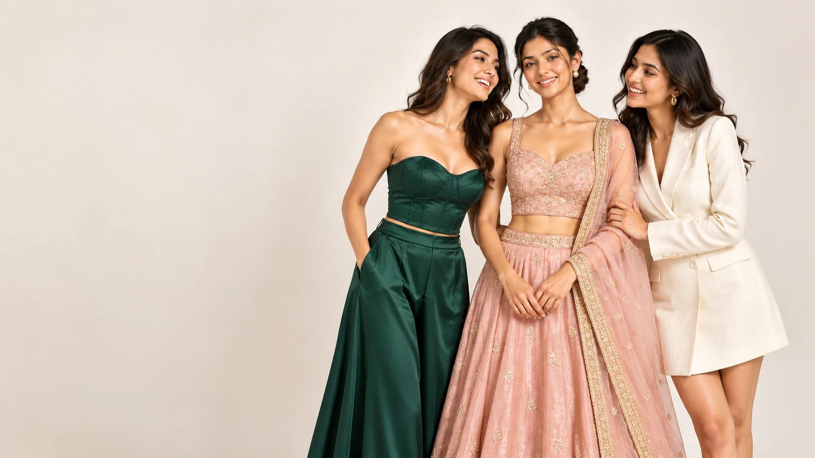 Three Deziyre models in a corset co-ord, a lehenga set and a blazer dress
